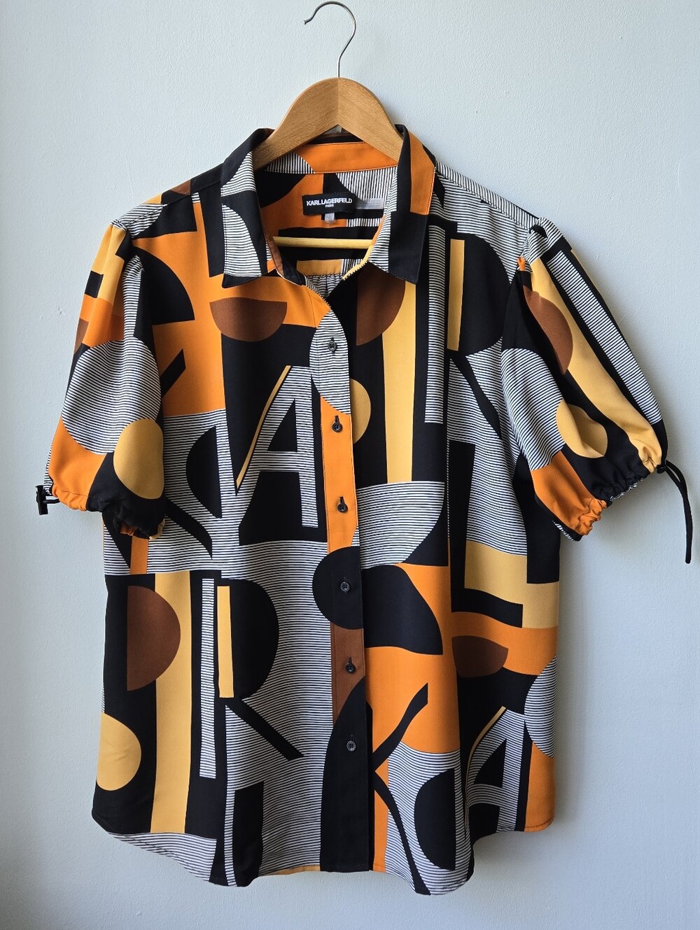 Karl Lagerfeld XL Womens Orange, Black Geometric Designer Career Camp Shirt